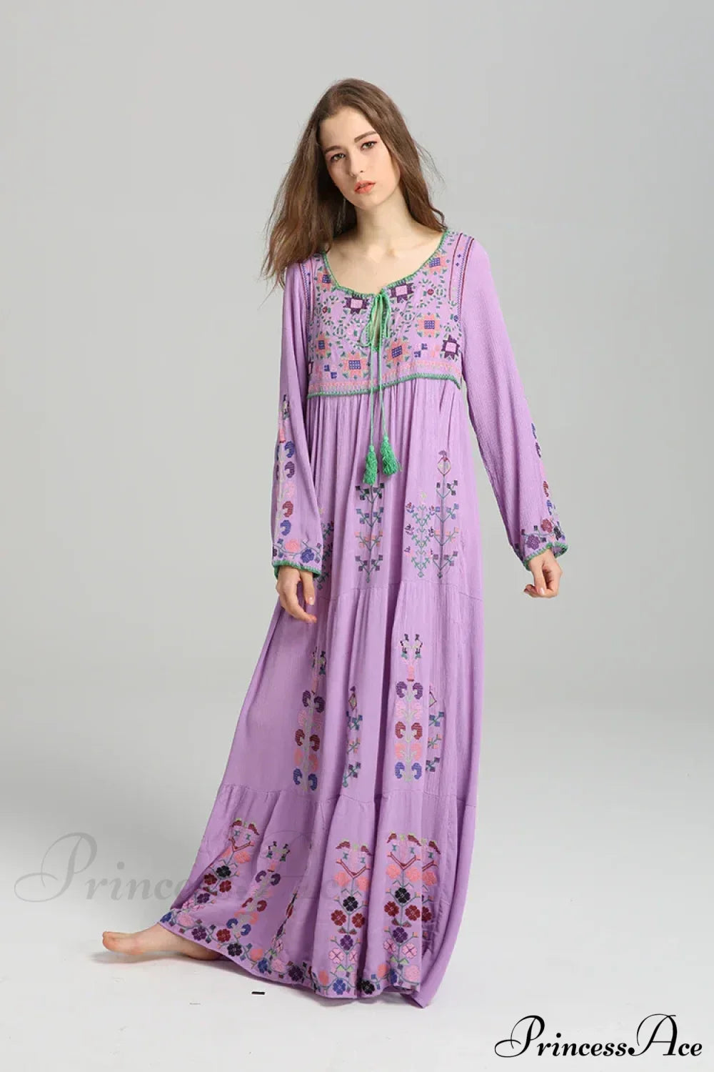Embroidery Floral Long-sleeved Gypsy Maxi Boho Dress Purple / One Size bohodress-250126