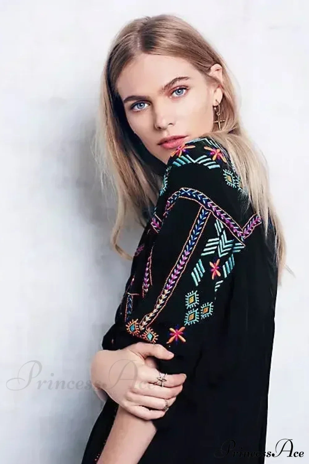 Embroidery Loose V-neck Black Elegant Boho Dress