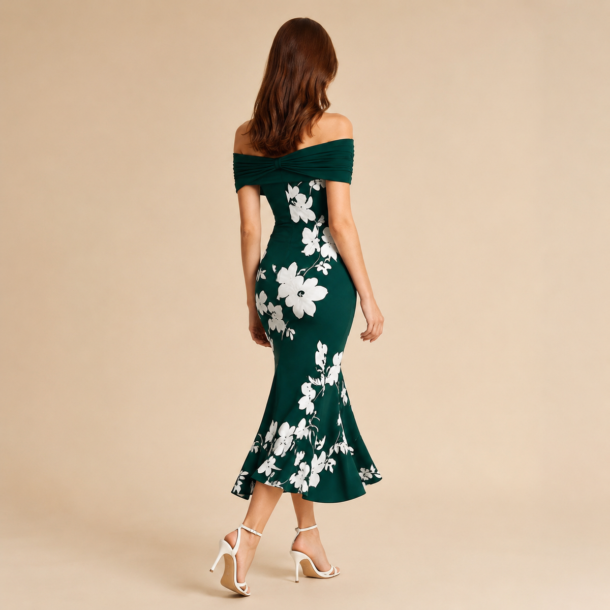 Off Shoulder Twist Front Floral High Low Fishtail Midi Dress 9