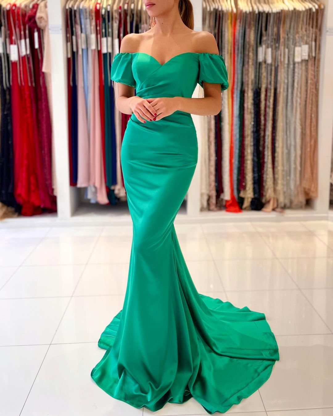 Emerald Green Mermaid Prom Dress Off-the-Shoulder - Fashionpara