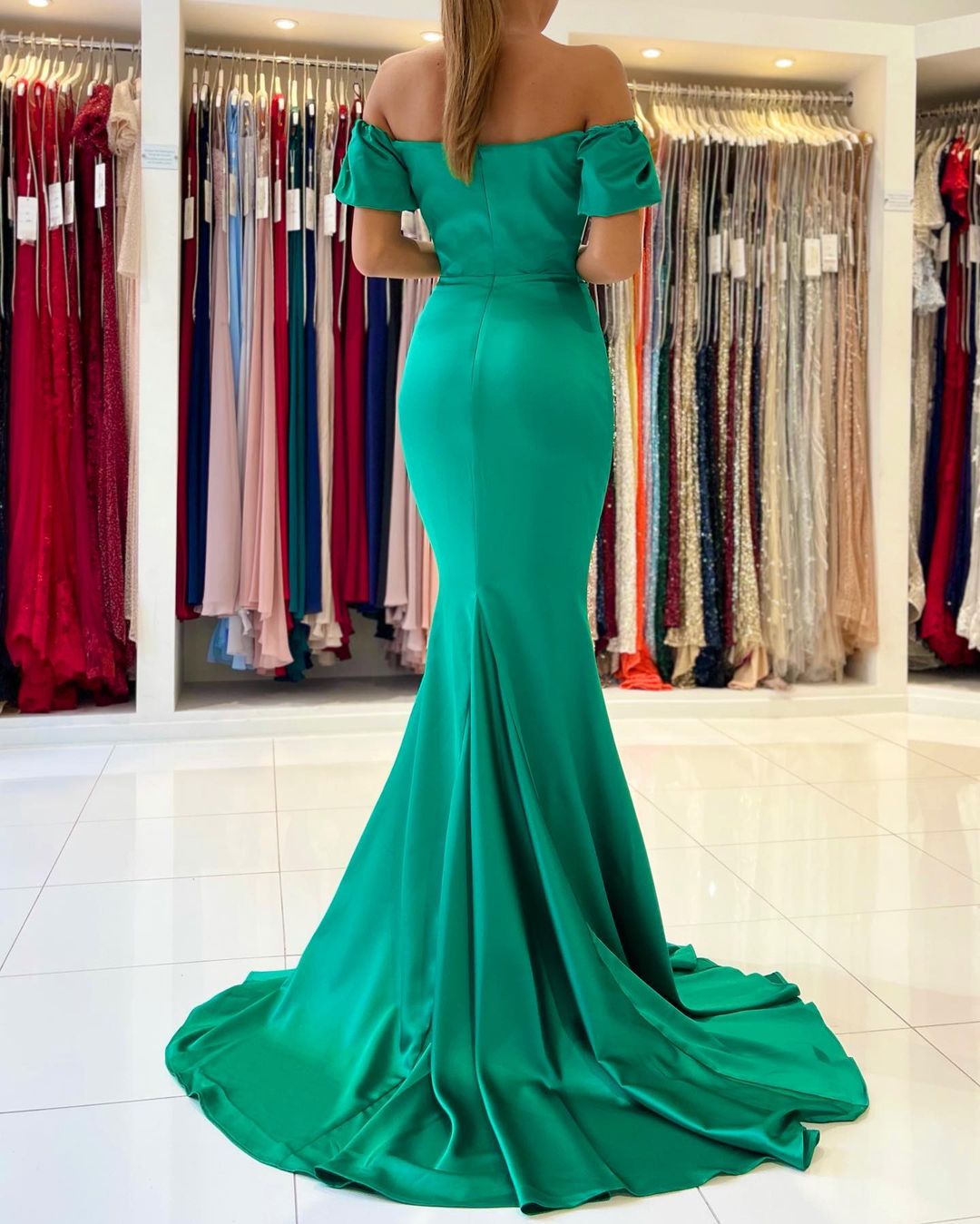 Emerald Green Mermaid Prom Dress Off-the-Shoulder - Fashionpara