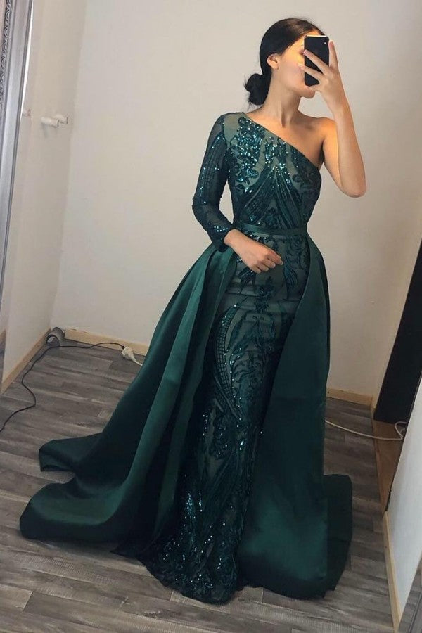 Emerald Green Prom Dress Sequins Mermaid Overskirt - Fashionpara