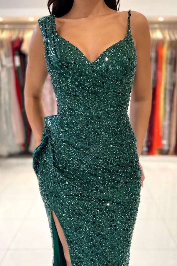 Emerald Green Sequins Prom Dress Mermaid Sleeveless With Slit - Fashionpara