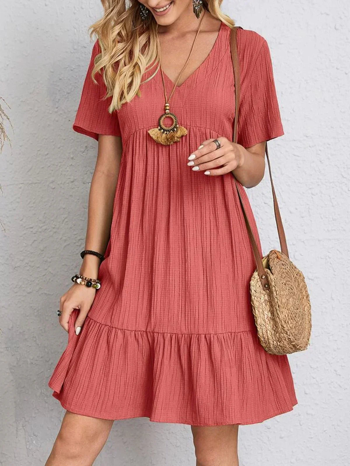 Crinkle Texture V-Neck Short Sleeve Empire Waist Mini Dress - View 3