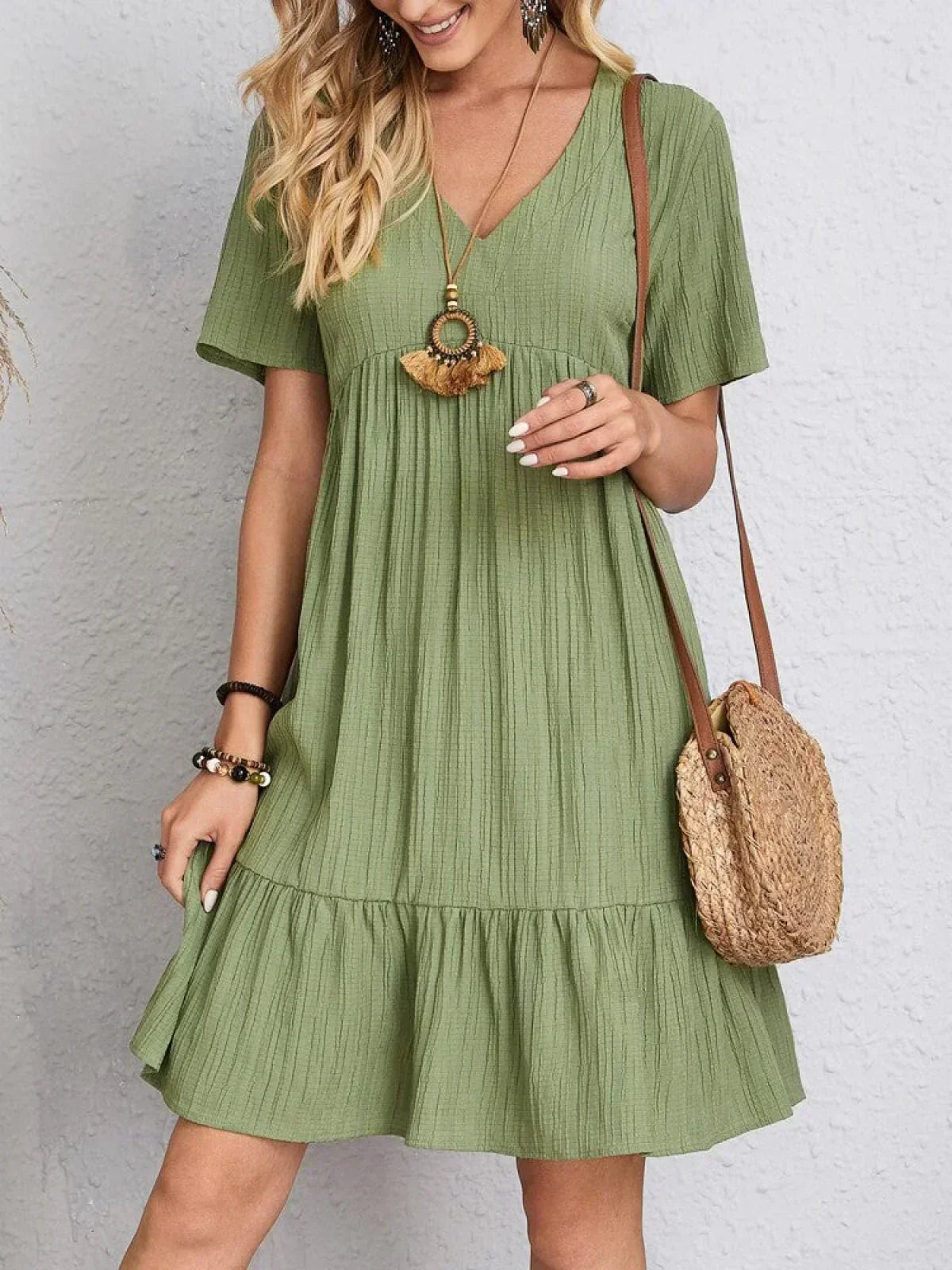 Crinkle Texture V-Neck Short Sleeve Empire Waist Mini Dress