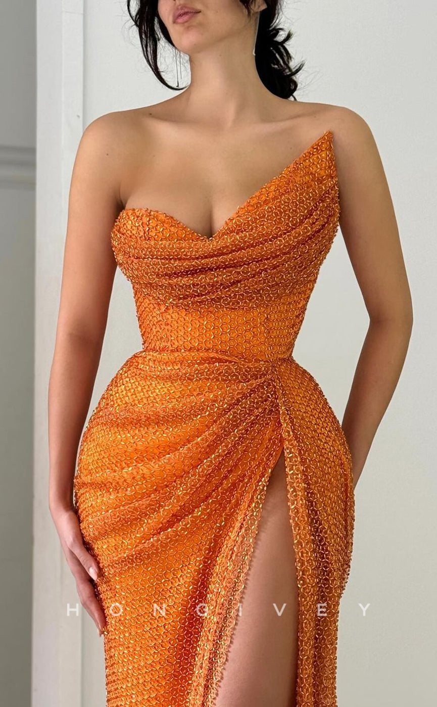 L2745 - Chic Fitted Asymmetrical Strapless Pleats With Side Slit Party Prom Evening Dress - Fashionpara