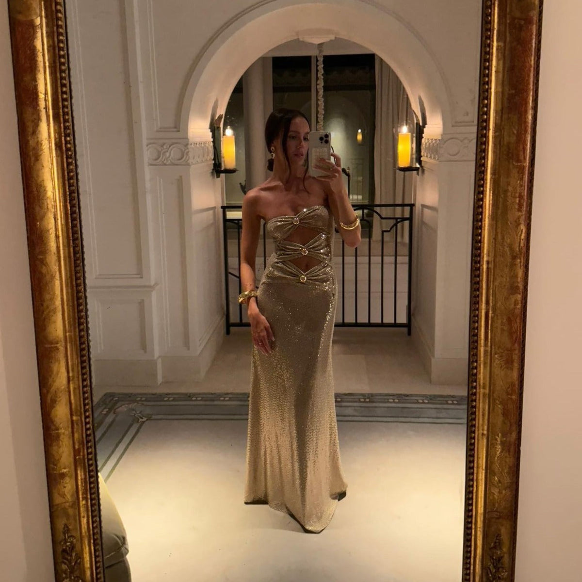 Crystal Embellished Strapless Cutout Column Gown 5