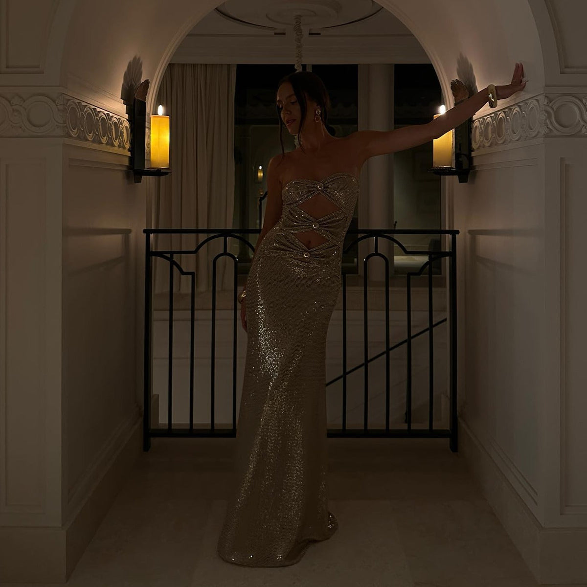 Crystal Embellished Strapless Cutout Column Gown 2