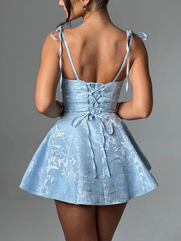 Jacquard Cowl Neck Tie Bow Shoulder Strap Fit and Flare Mini Dress - View 3