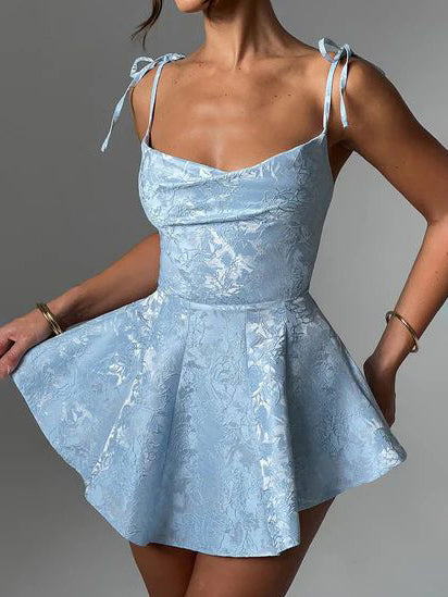 Jacquard Cowl Neck Tie Bow Shoulder Strap Fit and Flare Mini Dress - View 2