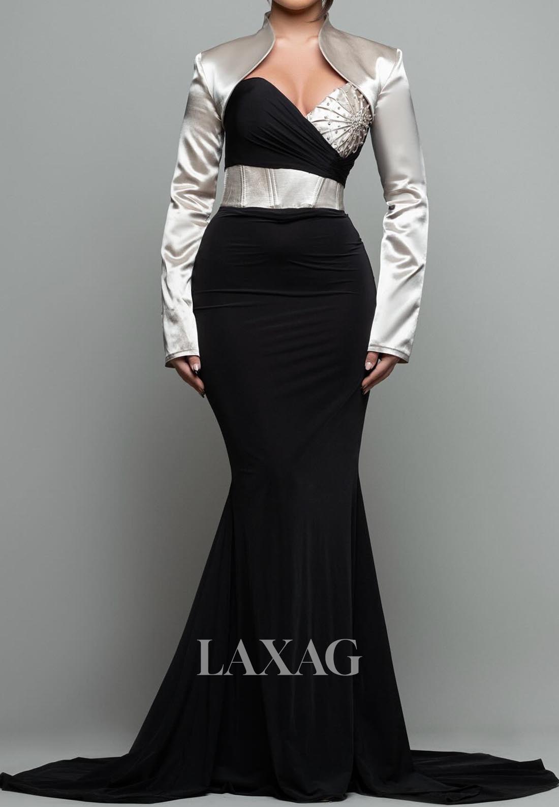 Sweetheart Beaded Pleated Sweep Train Two Tone Mermaid Evening Dress with Coat - Fashionpara