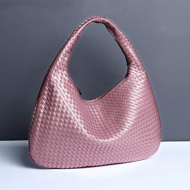 Chic Burgundy Hobo Woven Leather Bag Faux