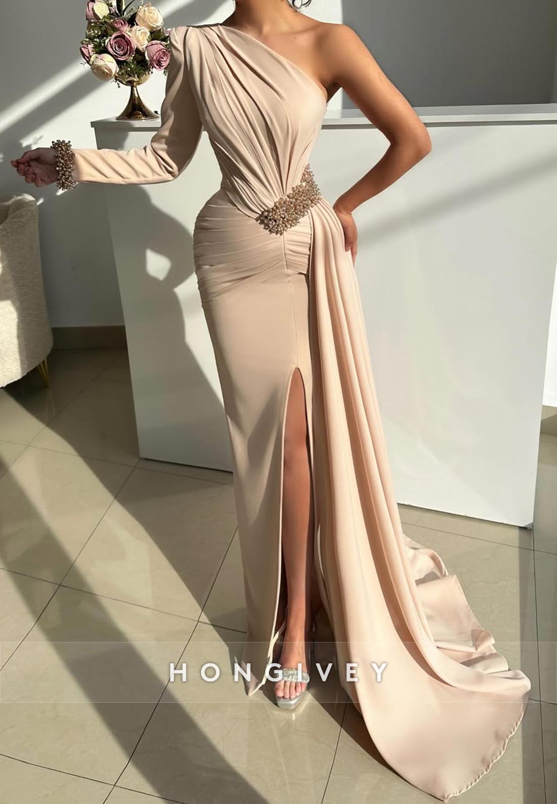 Long Sleeves Mermaid Pleats Pearls Long Prom Dresses with Brush Train