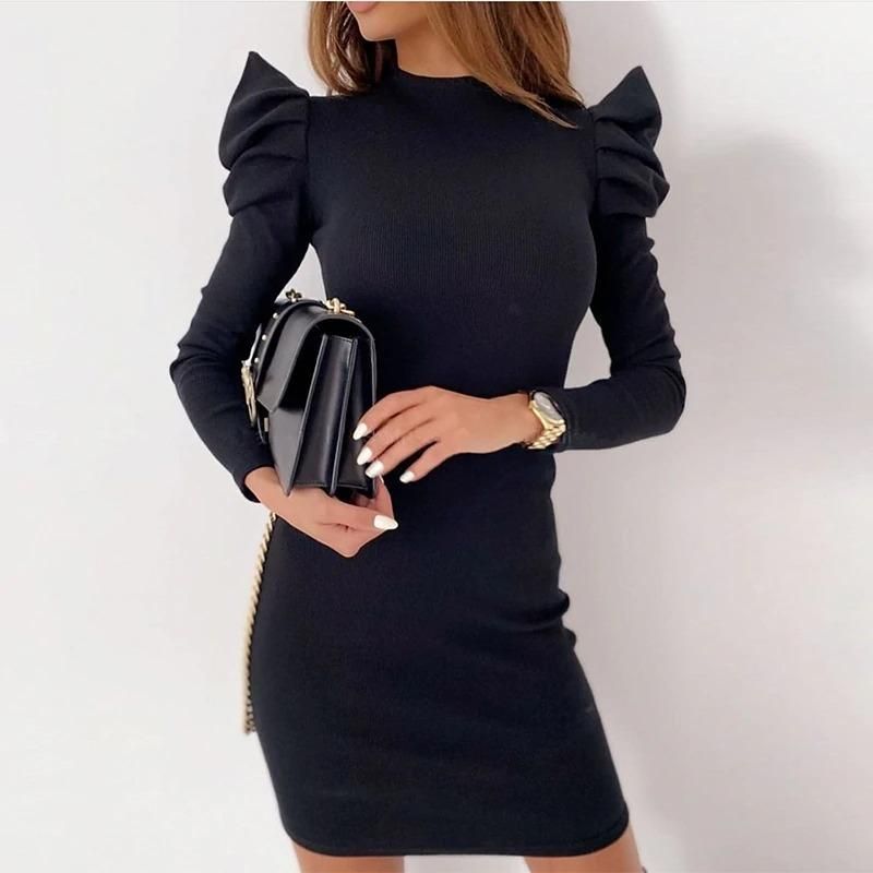 Ribbed Knit Mock Neck Puff Sleeve Bodycon Mini Dress 9
