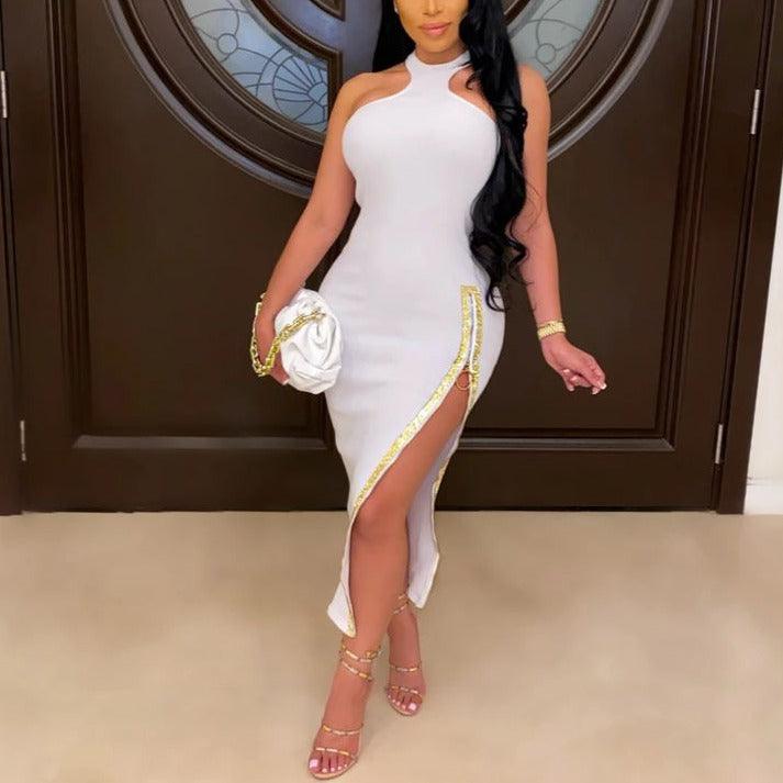 Halter High Neck Sleeveless Zip Slit Bodycon Midi Dress