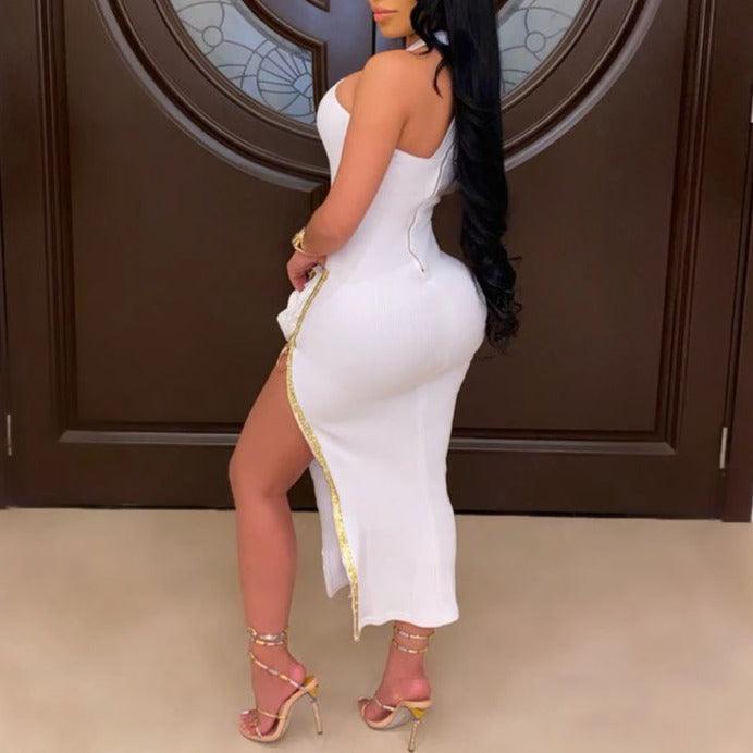 Halter High Neck Sleeveless Zip Slit Bodycon Midi Dress