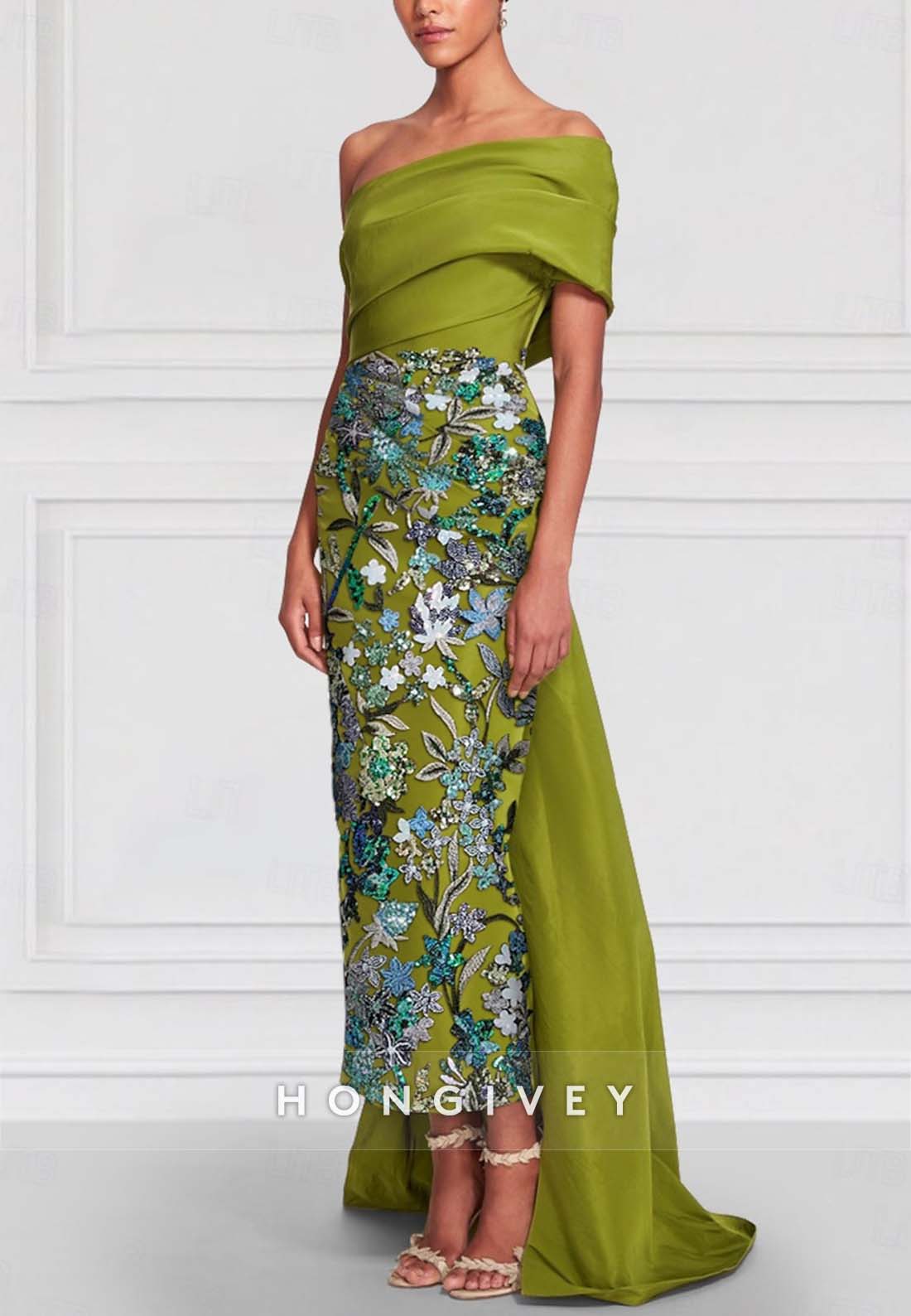 Shawl One Shoulder Asymmetrical Sheath Evening Gown Bead embroidery Mother of the Bride