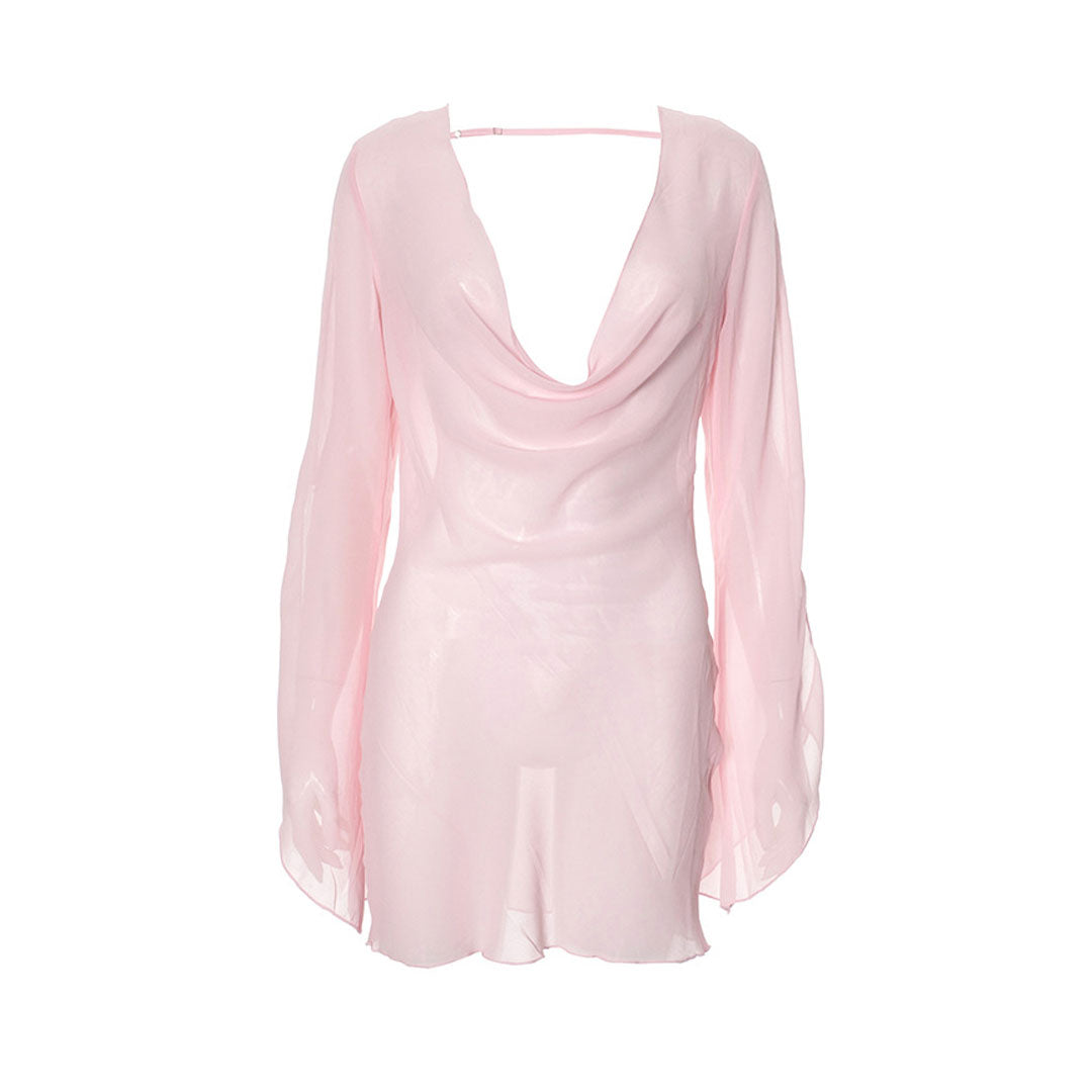 Ethereal Cowl Neck Flared Sleeve Backless Sheer Chiffon Mini Dress - Fashionpara
