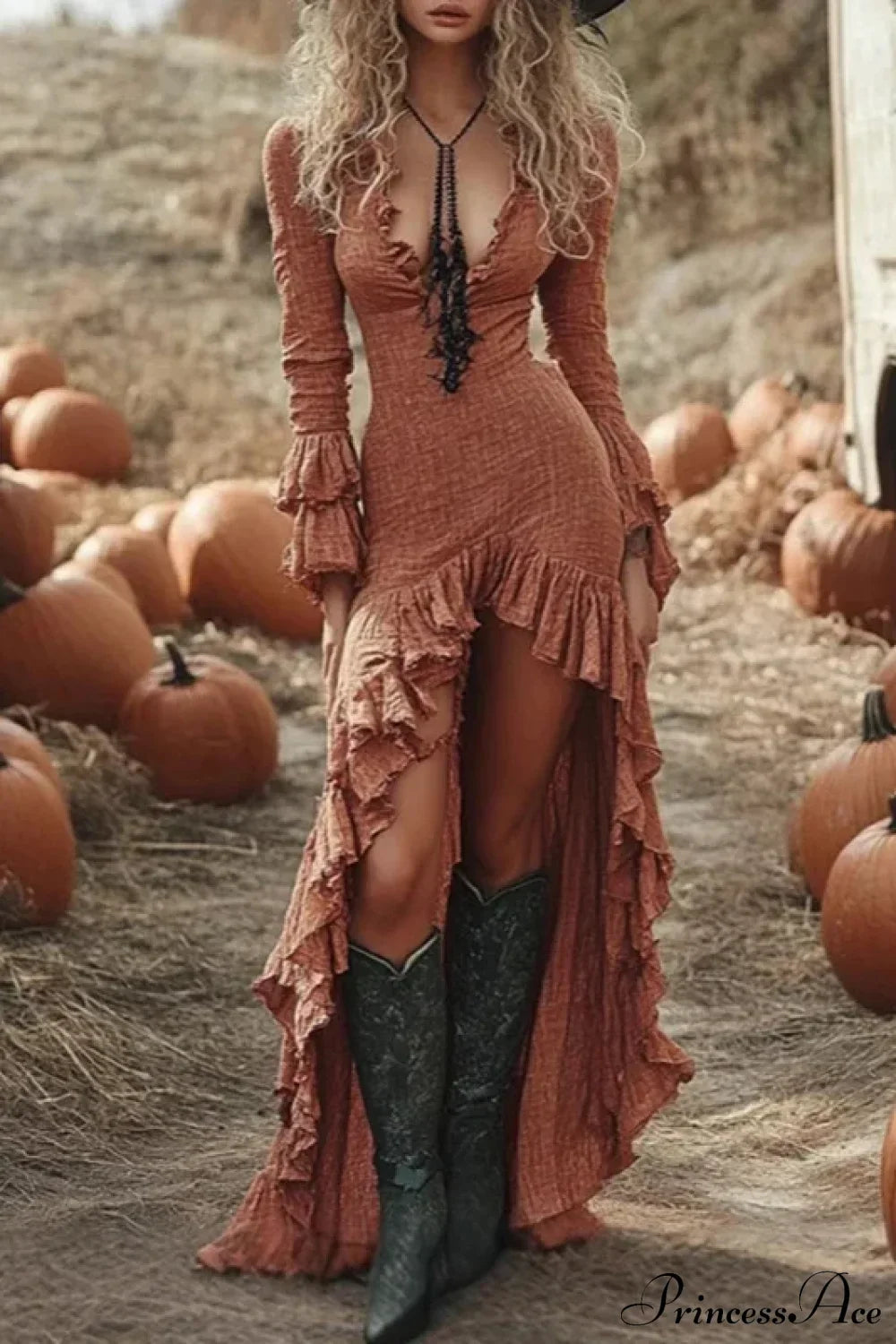 Ethnic Retro Solid Ruffle Boho Dress