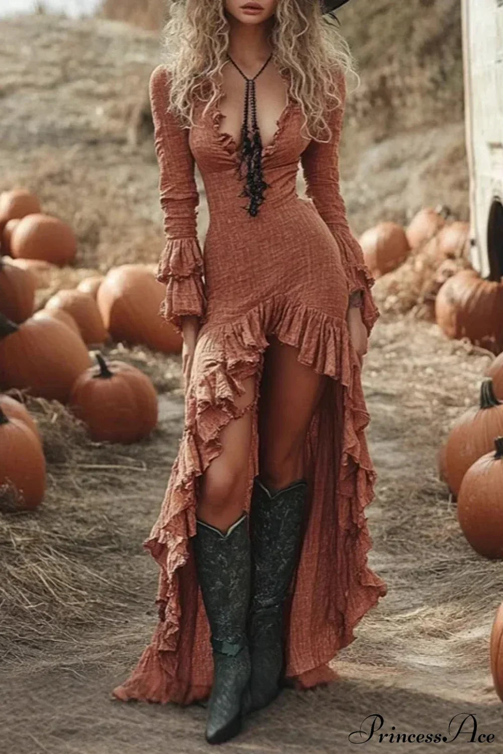 Ethnic Retro Solid Ruffle Boho Dress Rose Red / S bohodress-250126