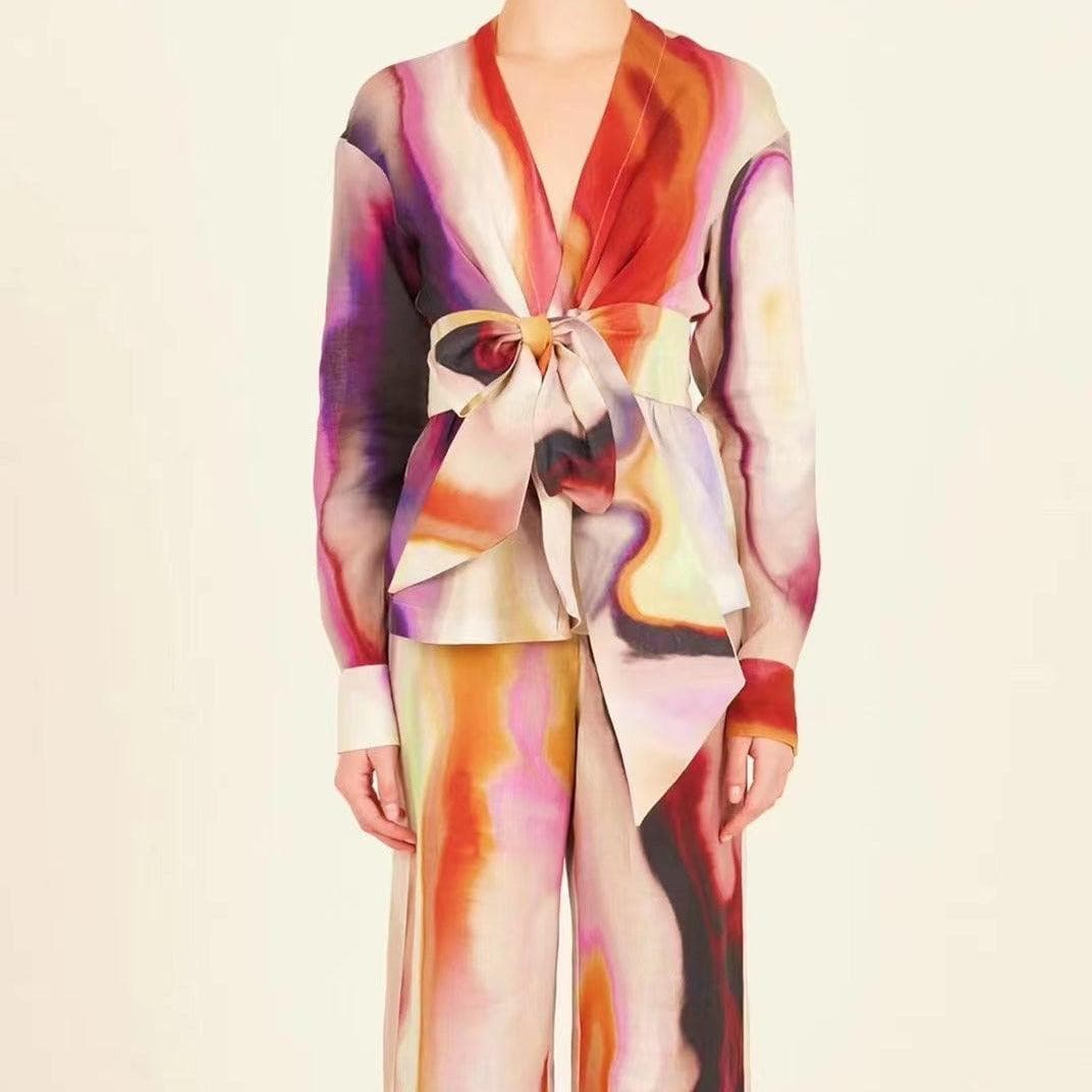 Abstract Print Tie Front Wide Leg Two Piece Set
