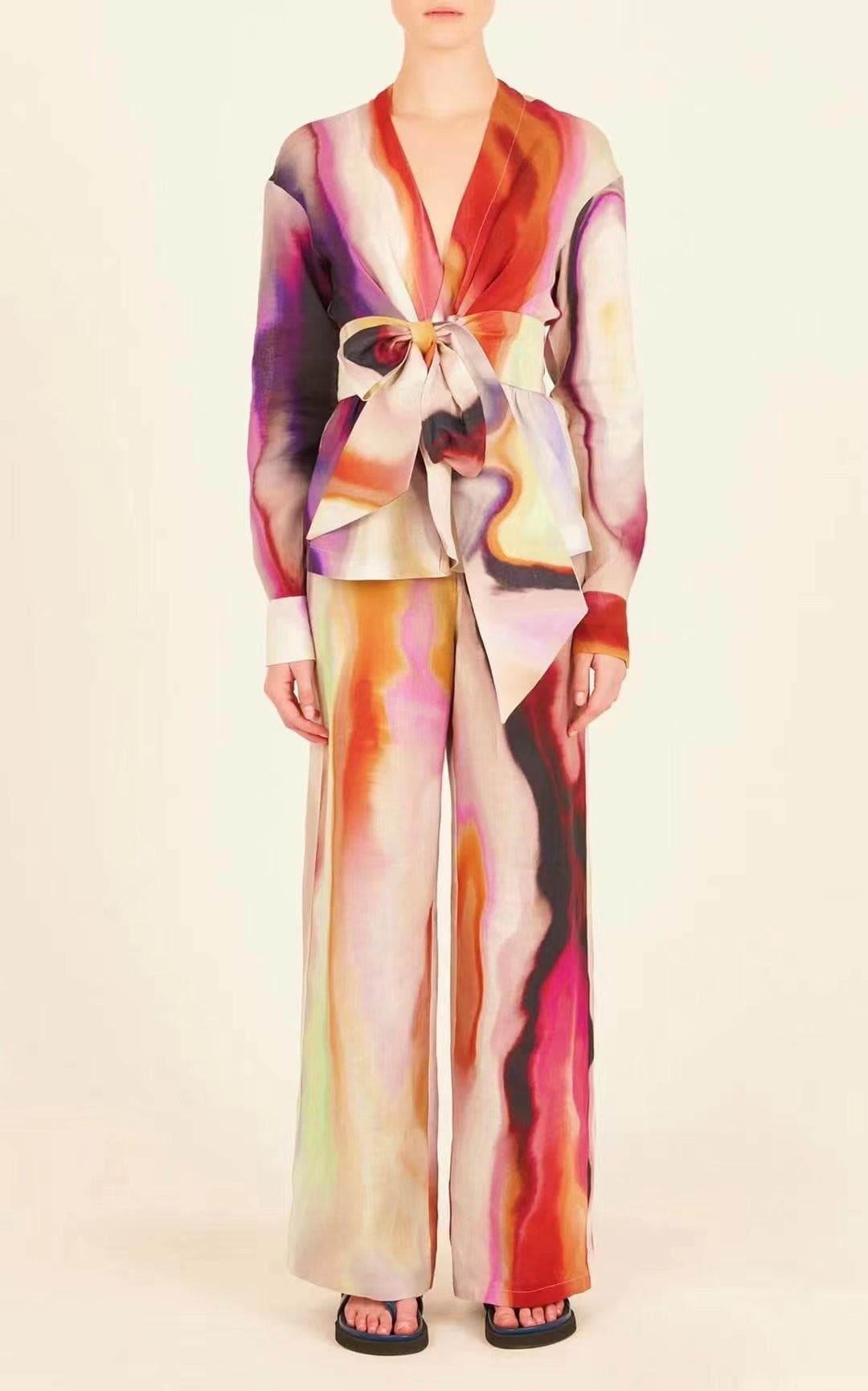 Abstract Print Tie Front Wide Leg Two Piece Set 2
