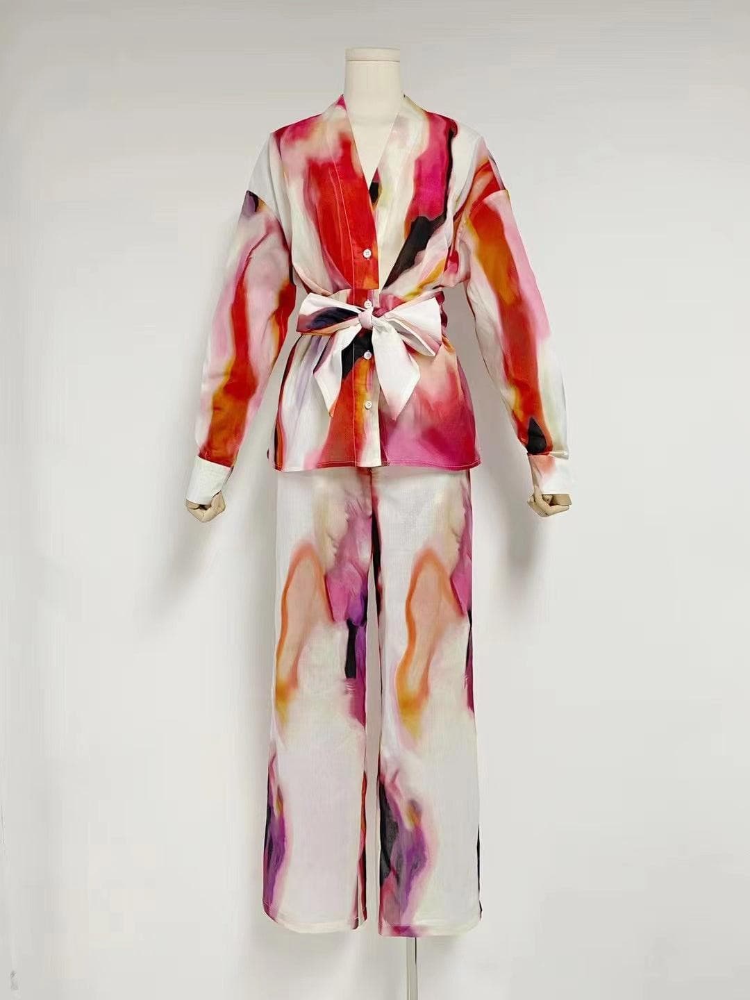 Abstract Print Tie Front Wide Leg Two Piece Set 4