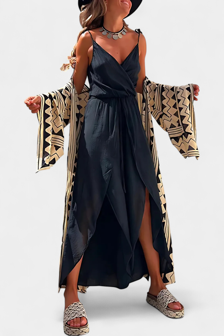 Satin Wrap V-Neck Spaghetti Strap High Split Wide Leg Jumpsuit 5