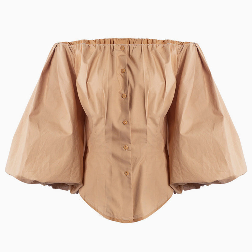 Exaggerated Balloon Sleeve Off Shoulder Blouse - Khaki - Fashionpara