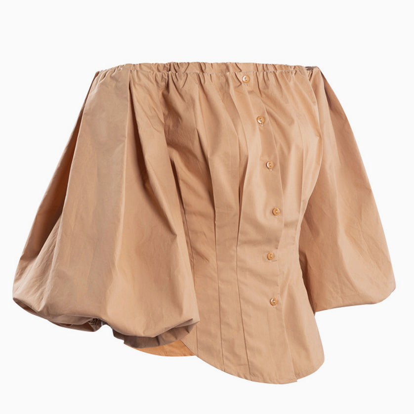 Exaggerated Balloon Sleeve Off Shoulder Blouse - Khaki - Fashionpara