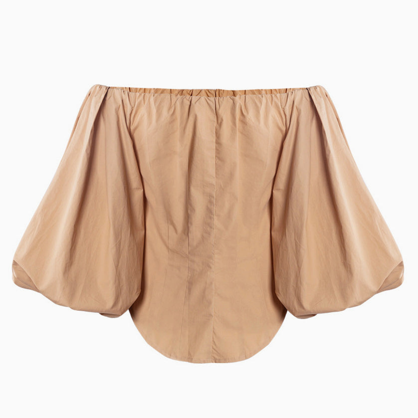 Exaggerated Balloon Sleeve Off Shoulder Blouse - Khaki - Fashionpara