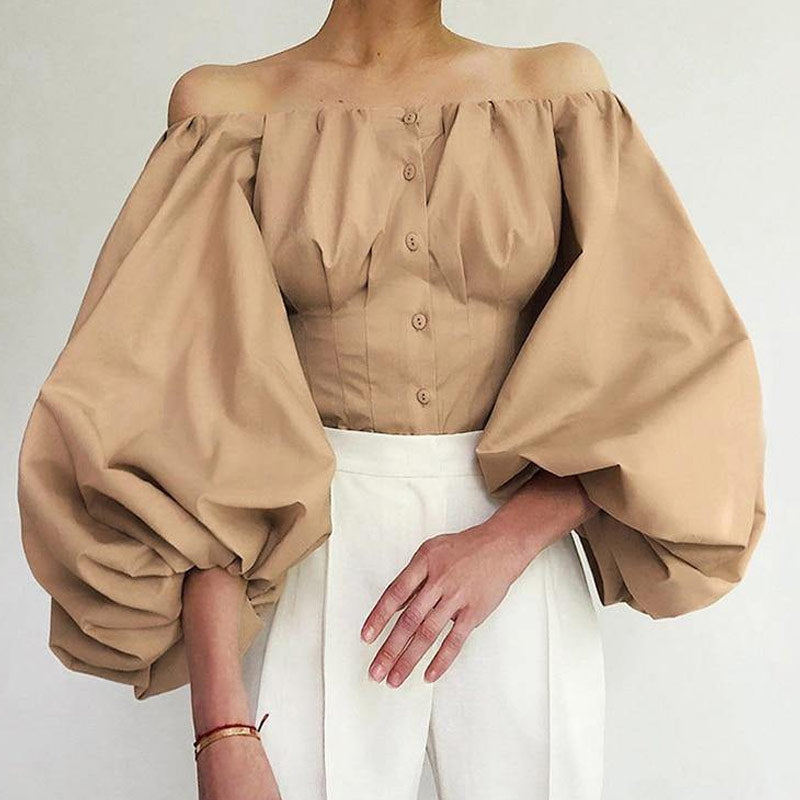 Exaggerated Balloon Sleeve Off Shoulder Blouse - Khaki - Fashionpara