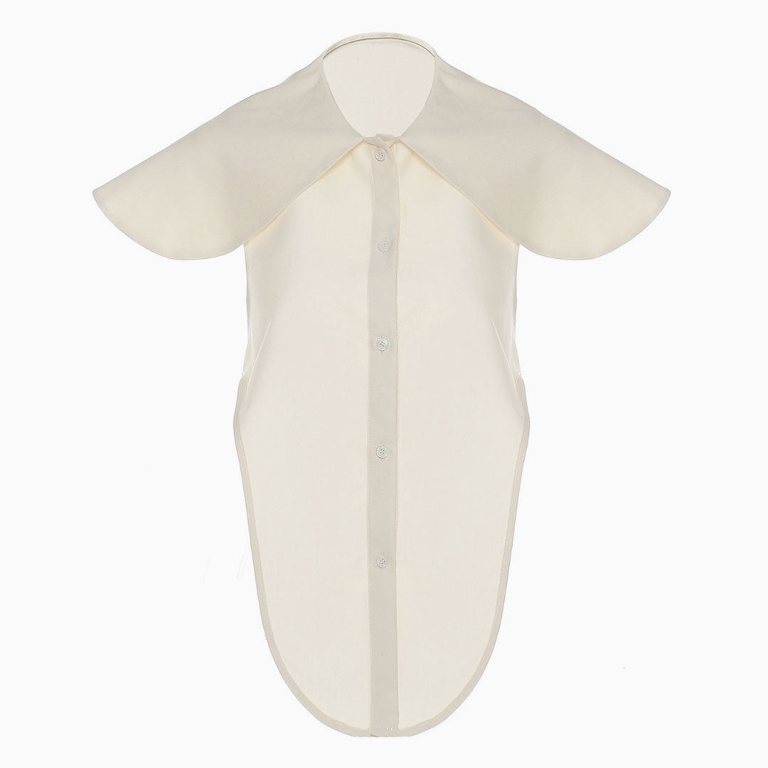 Exaggerated Collar Button Down Backless Asymmetric Blouse - Cream - Fashionpara