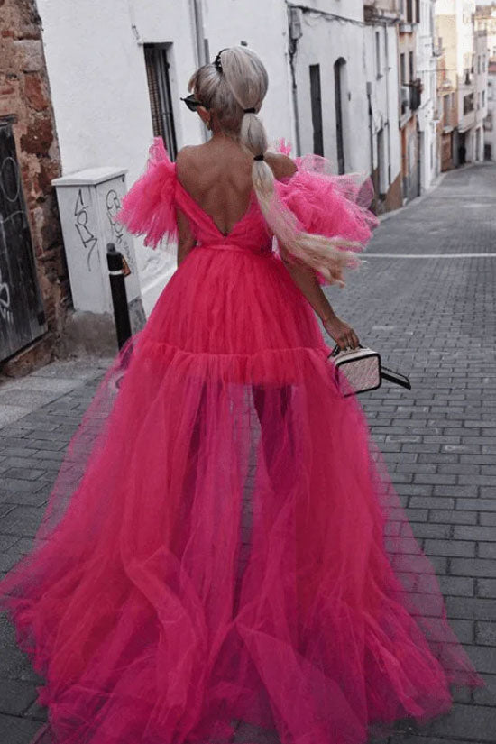 Exaggerated Ruffle Deep V Cutout High Low Tiered Dress - Hot Pink - View 2