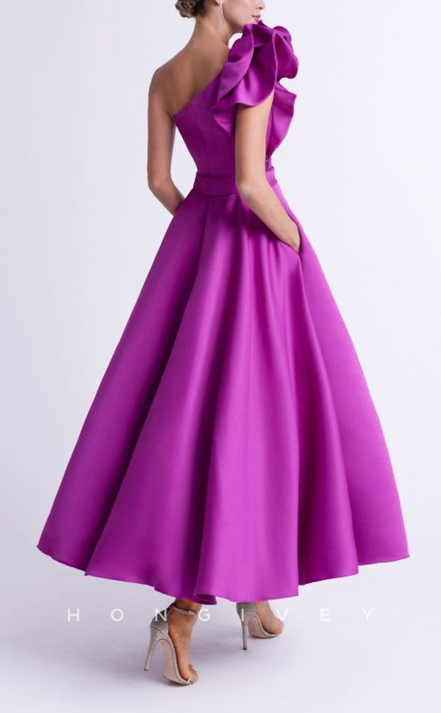 HM319 - Satin A-Line One Shoulder Ruffled With Pockets Mother of the Bride Dress