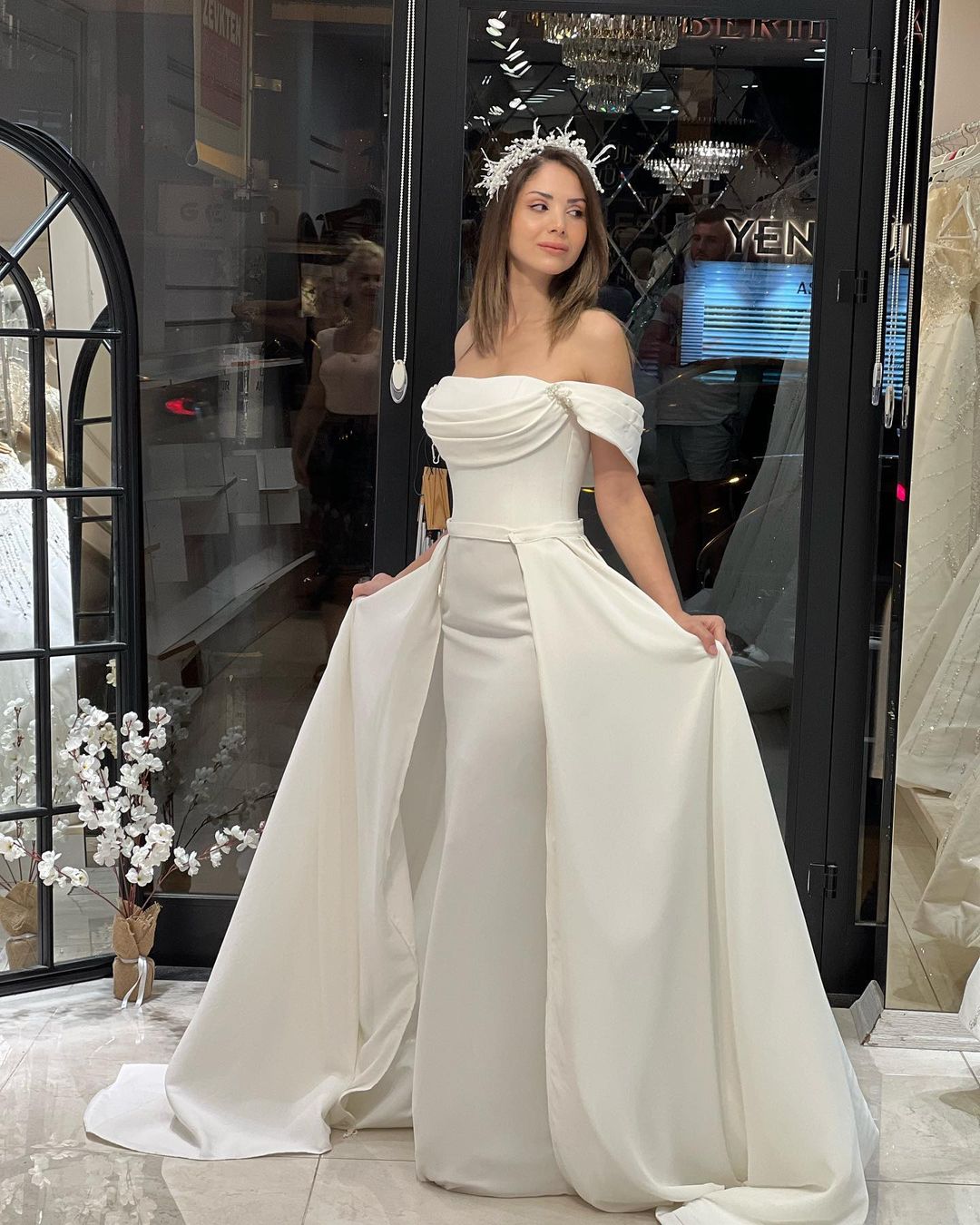 Exquisite Floor-Length Off-The-Shoulder A-Line Satin Wedding Dress with Beads - Fashionpara