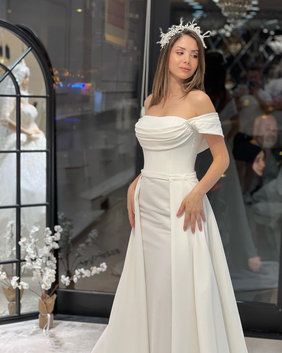 Exquisite Floor-Length Off-The-Shoulder A-Line Satin Wedding Dress with Beads - Fashionpara