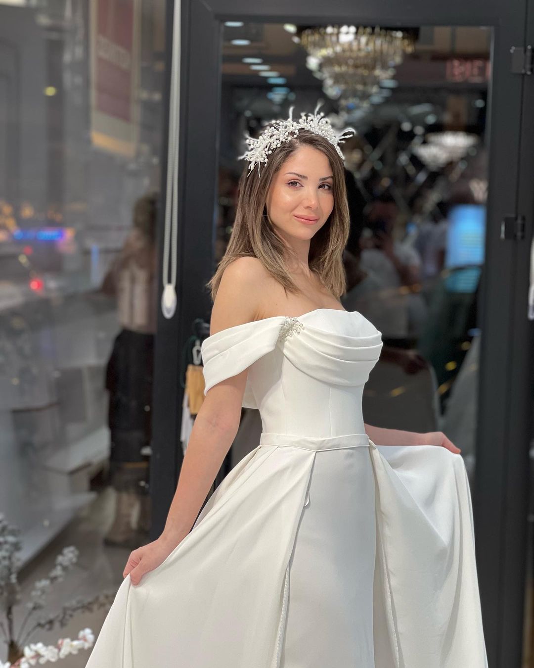 Exquisite Floor-Length Off-The-Shoulder A-Line Satin Wedding Dress with Beads - Fashionpara