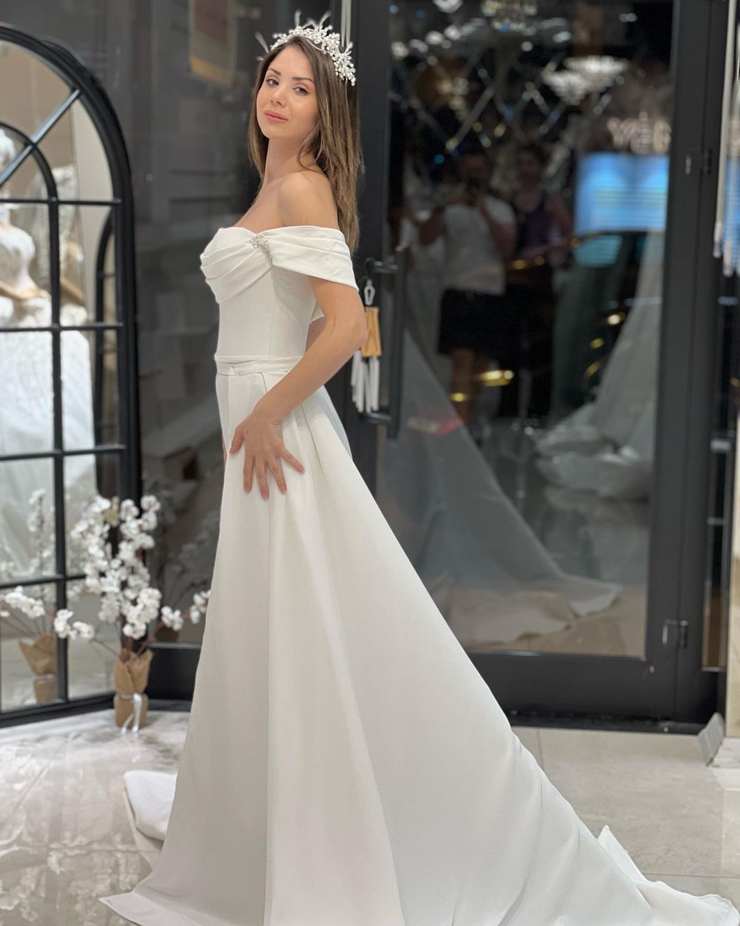 Exquisite Floor-Length Off-The-Shoulder A-Line Satin Wedding Dress with Beads - Fashionpara