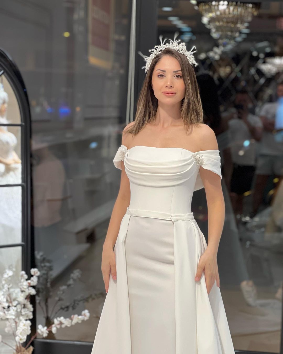 Exquisite Floor-Length Off-The-Shoulder A-Line Satin Wedding Dress with Beads - Fashionpara