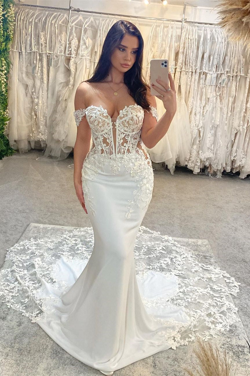 Chic Floor Length Sweetheart Sleeveless Off-The-Shoulder Mermaid Lace Wedding Dress - Fashionpara