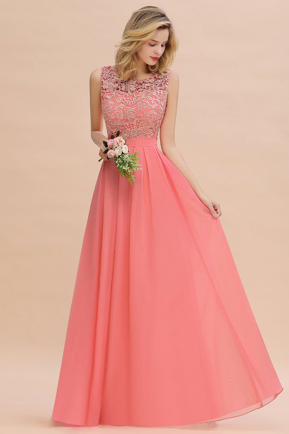 Exquisite Lace Scoop Sleeveless Bridesmaid dresses with Ruffle - Fashionpara