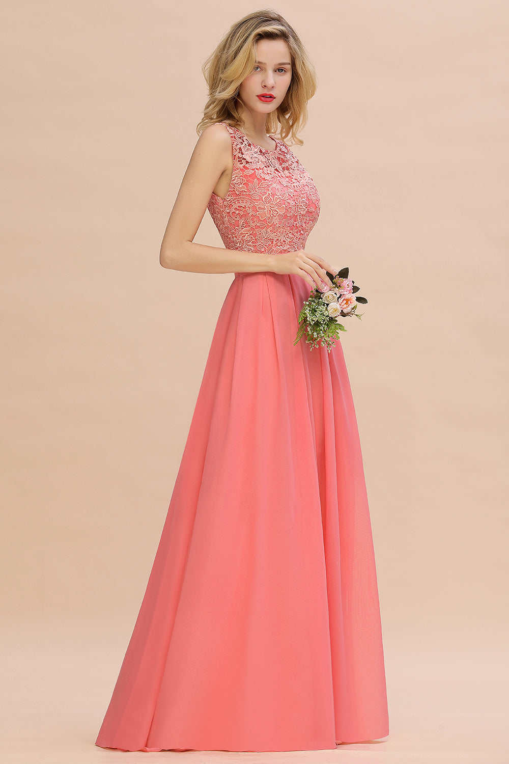 Exquisite Lace Scoop Sleeveless Bridesmaid dresses with Ruffle - Fashionpara