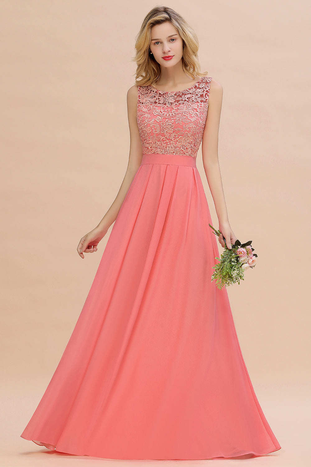 Exquisite Lace Scoop Sleeveless Bridesmaid dresses with Ruffle - Fashionpara
