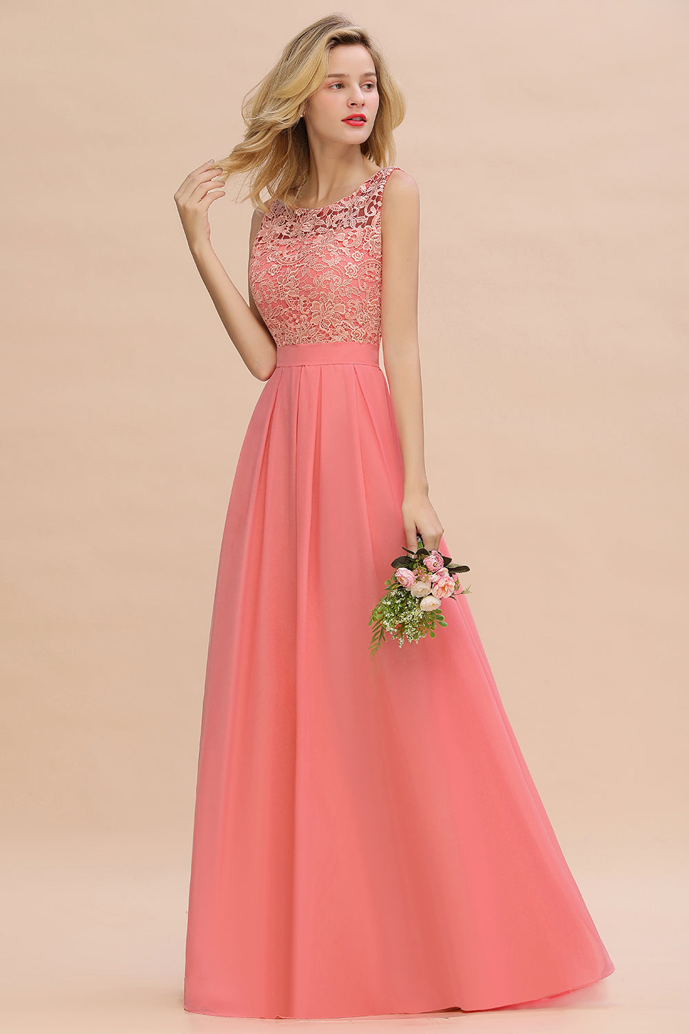 Exquisite Lace Scoop Sleeveless Bridesmaid dresses with Ruffle - Fashionpara