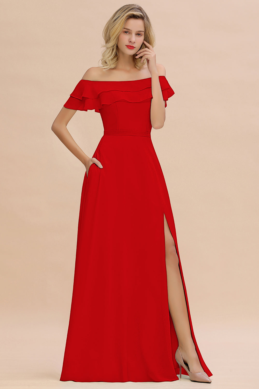 Exquisite Off-the-shoulder Slit Mint Green Bridesmaid Dresses With Pockets - Fashionpara