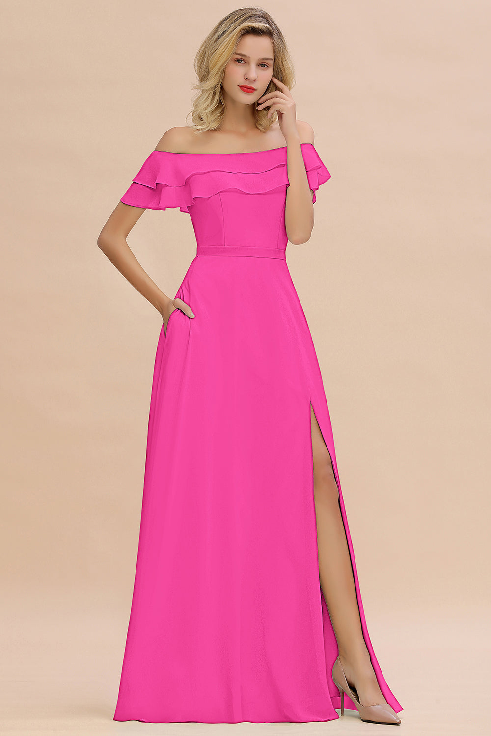 Exquisite Off-the-shoulder Slit Mint Green Bridesmaid Dresses With Pockets - Fashionpara