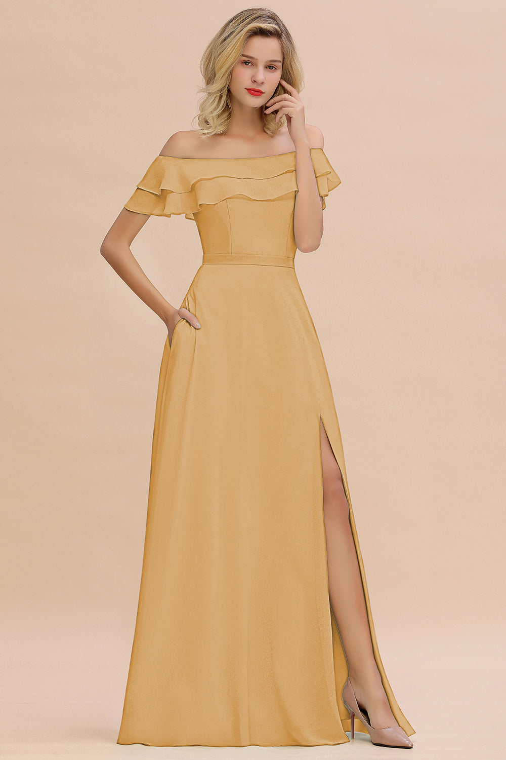 Exquisite Off-the-shoulder Slit Mint Green Bridesmaid Dresses With Pockets - Fashionpara
