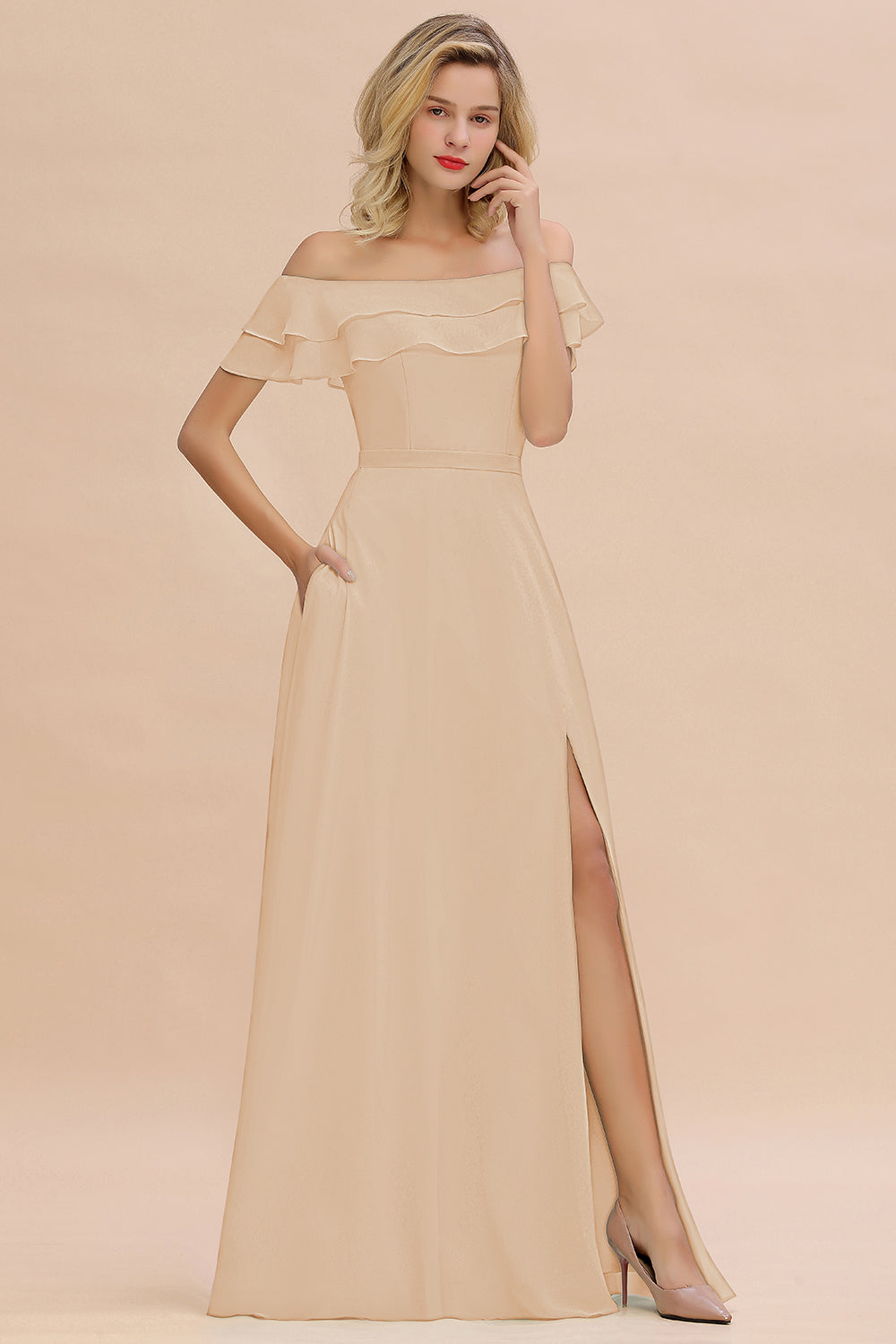 Exquisite Off-the-shoulder Slit Mint Green Bridesmaid Dresses With Pockets - Fashionpara