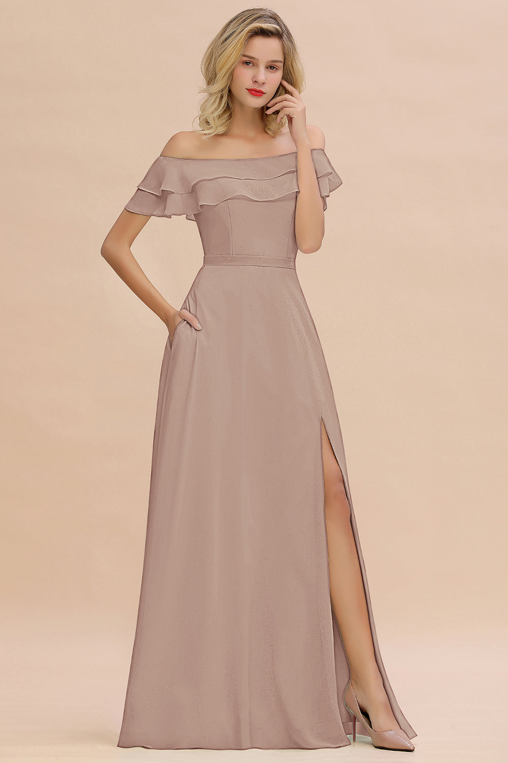 Exquisite Off-the-shoulder Slit Mint Green Bridesmaid Dresses With Pockets - Fashionpara